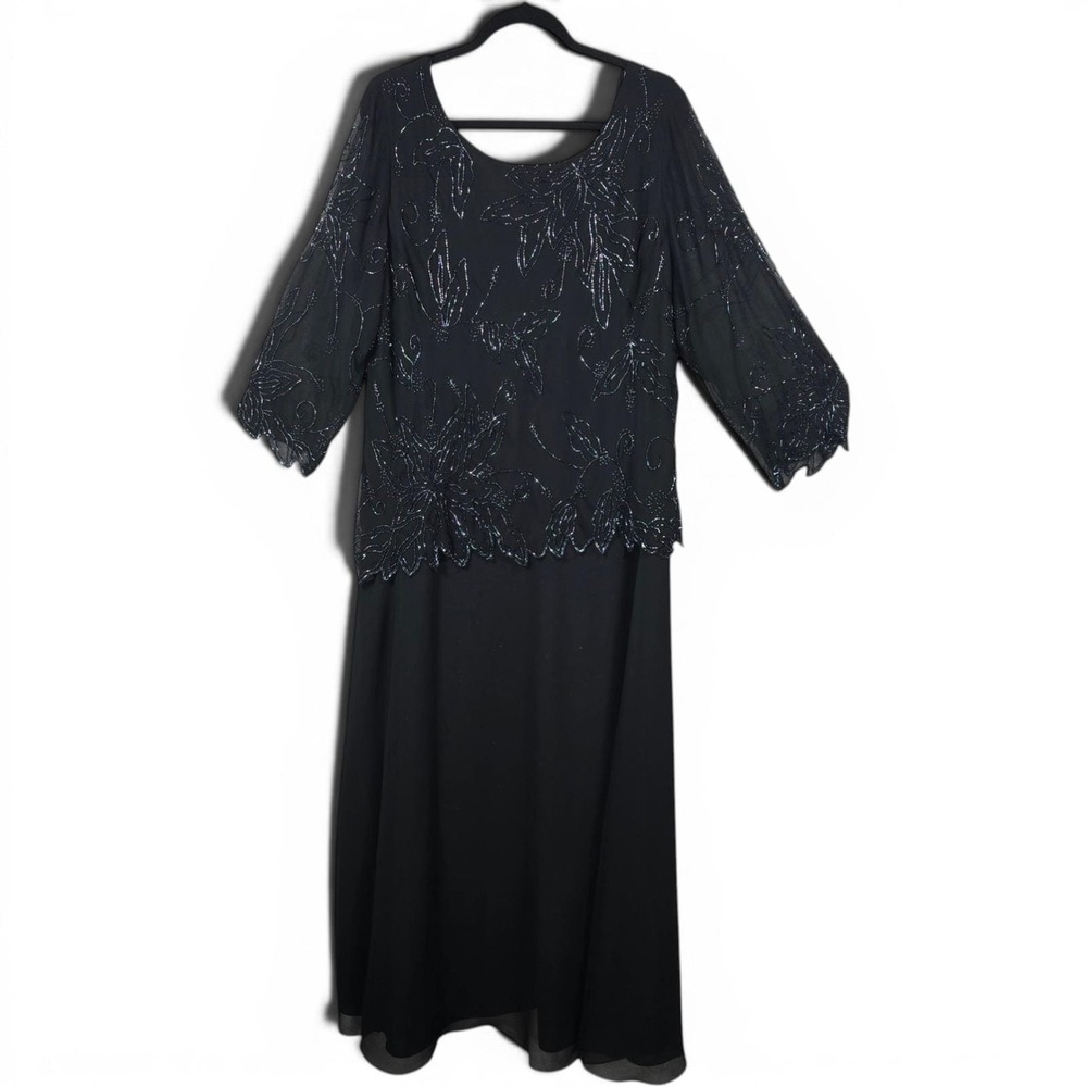 J Kara Women 20W Black Beaded‎ Floral Chiffon Evening Gown Maxi Dress Scoop Neck